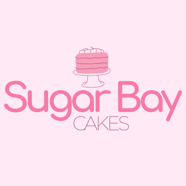 Logo of Sugar Bay Cakes with a pink cake illustration on a light pink background